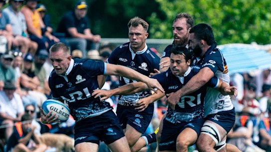 Waratahs fullback Max Jorgensen makes a break against the Brumbies on Saturday.