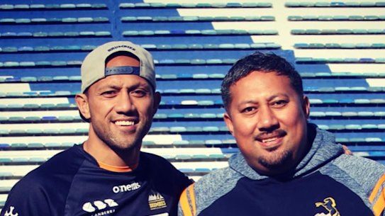 Surprise reunion: Christian Lealiifano was presented with his match jersey by brother Eddie, who had flown to Buenos Aires.