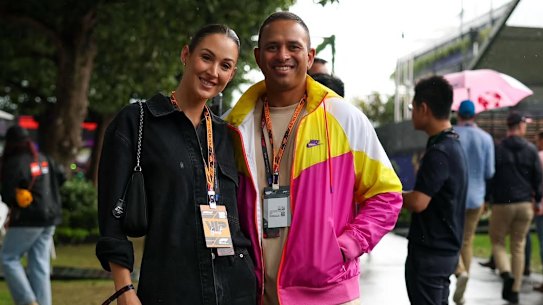 Usman Khawaja and wife Rachel at the Australian Formula 1 Grand Prix on Sunday.