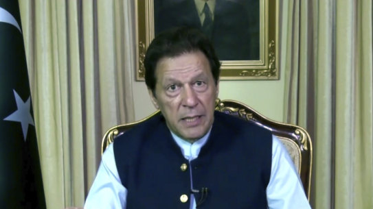 Pakistani PM Imran Khan speaks in a pre-recorded message played during the 75th session of the UN General Assembly on Friday.