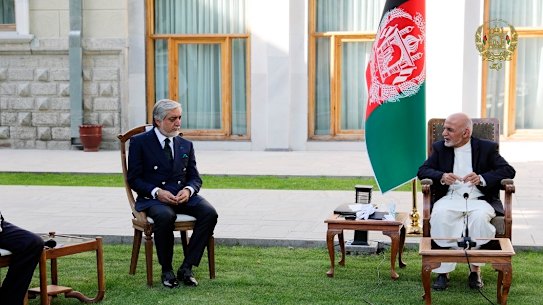 Afghan President Ashraf Ghani (right) and fellow leader Abdullah Abdullah (centre) at a meeting on Wednesday with US peace envoy Zalmay Khalilzad aimed at resuscitating the US-Taliban peace deal signed in February, at the Presidential Palace, in Kabul. 