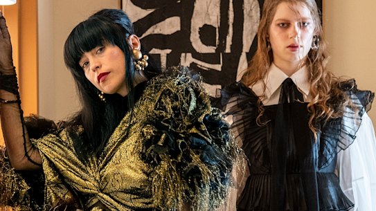 Fashion designer Gail Sorronda with Liana Lottie in an outfit from her In Dreams collection for Australian Fashion Week, photographed at Oxford House.