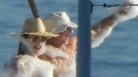 Lauren Sanchez and Jeff Bezos enjoying the foam party on the Koru, their $US500 million megayacht.