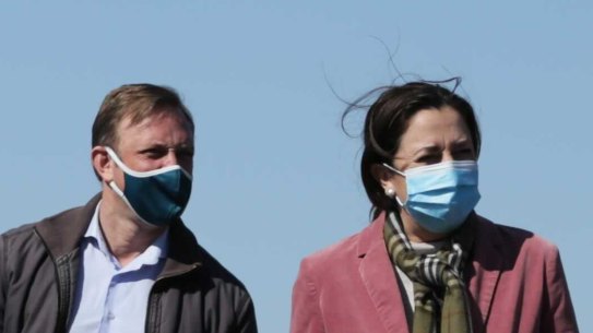 Jeannette Young, John Wagner, Steven Miles, Annastacia Palaszczuk and Yvette D’Ath at the announcement of a quarantine facility at Toowoomba Wellcamp Airport.