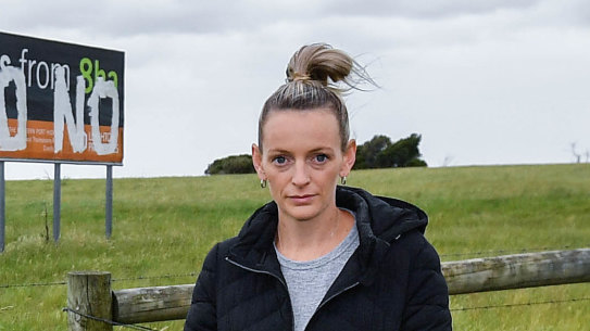 Katherine Mann in front of a large piece of Cranbourne West farmland at the centre of an IBAC corruption probe.