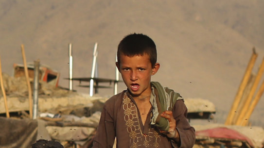 An Afghan shepherd boy tends his sheep in Kabul, Afghanistan.