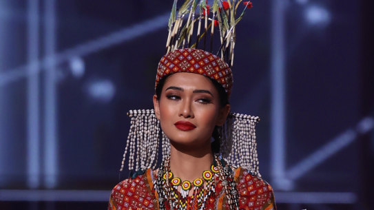 Miss Myanmar Thuzar Wint Lwin appears onstage at Miss Universe 2021 in Hollywood, Florida. 