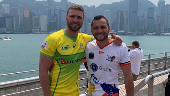 Lewis Holland and Danny Matthews at the Hong Kong sevens launch.