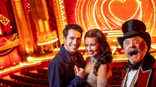 Moulin Rouge media call at the Regent Theatre. 9 November 2021. The Age News. Photo: Eddie Jim.Des Flanagan (Christian), Alinta Chidzey (Satine), Simon Burke (Harold Zidler) L to R.