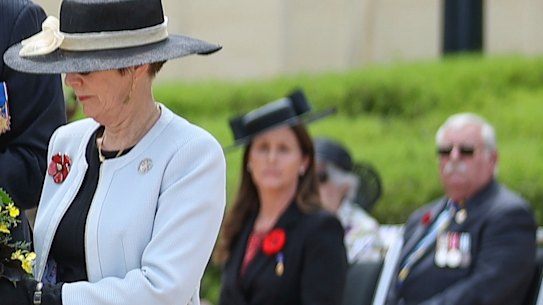 Governor-General David Hurley and his wife Linda lay a wreath at the Remebrance Day Ceremony in Canberra on Thursday.