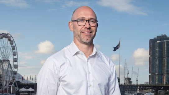 MYOB CEO Tim Reed poses for a photo at DArling Harbour after the company has just received a non-binding $2.2 billion takeover bid, 8 October 2018. Photo: Jessica Hromas