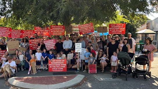 Parents and community members rally in a protest against the closure of the Town of Bassendean’s Wind in the Willows daycare centre.