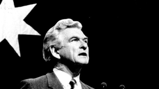 Bob Hawke on stage at the Sydney Opera House for the Labor Party campaign launch on June 23, 1987.