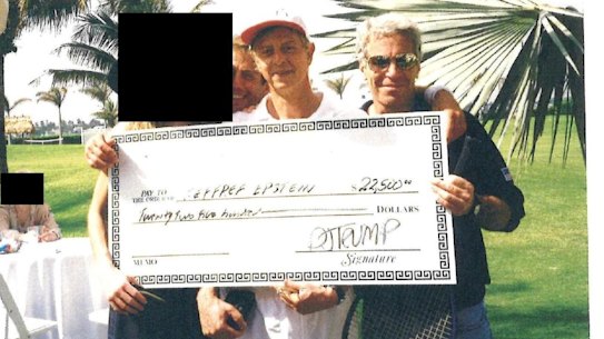 Democrats on the House Oversight Committee released a second page purportedly from the Jeffrey Epstein “birthday book” that showed the disgraced financier posing with a novelty cheque apparently signed by a “DJ TRUMP”.