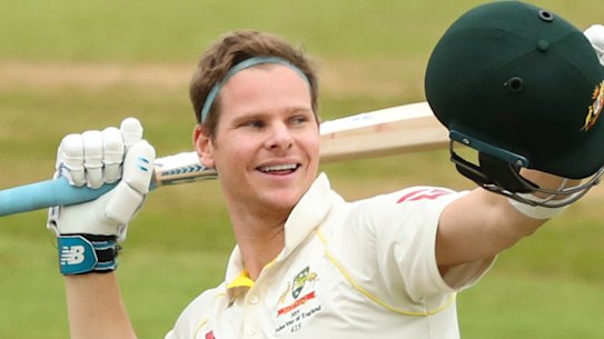 Steve Smith celebrates after scoring his second ton during the Edgbaston Test.