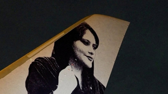 A picture of Iranian Mahsa Amini on the tail of the charter plane the Brazilian women’s football team flew in to Brisbane on July 4.