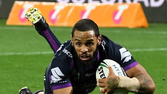 Joshua Addo-Carr of the Storm dives to score the first try of the match.