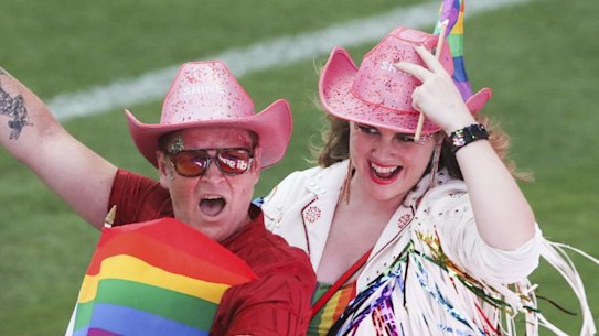 Dykes on bikes. Participants are seen during celebrations at the 2022 Mardi Gras parade at the Sydney Cricket Ground, Sydney, Saturday, 5 March 2022. Photo: Renee Nowytarger/The Sydney Morning Herald