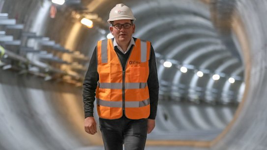 Premier Daniel Andrews walks through the partially constructed Metro Tunnel in July.