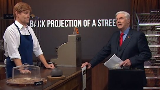 Shaun Micallef tries to buy some canned laughter in as recent episode of Mad As Hell.