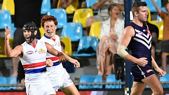 Unleashed: Caleb Daniels celebrates after scoring a goal during the Western Bulldogs' crucial win over Fremantle.
