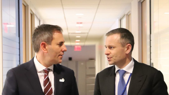 Treasurer Jim Chalmers with Ukraine’s Minister of Finance, Sergii Marchenko. Chalmers says the budget will have an economic security focus.