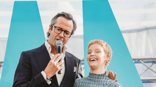 Hamish McLachlan and cancer patient Tess McMurtrie at the Sony Foundation River 4Ward lunch. 