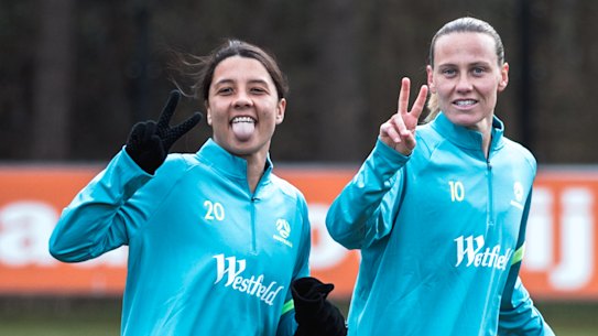 Sam Kerr and Emily van Egmond at Matildas training in Germany