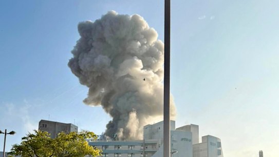 Smoke rises above the Soroka Medical Centre.