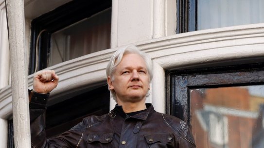 Julian Assange on a balcony at the Ecuadorian embassy in London.