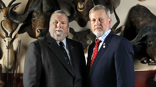 Shooters Party leader Robert Borsak, pictured with his former colleague Robert Brown at Borsak’s home in 2014.
