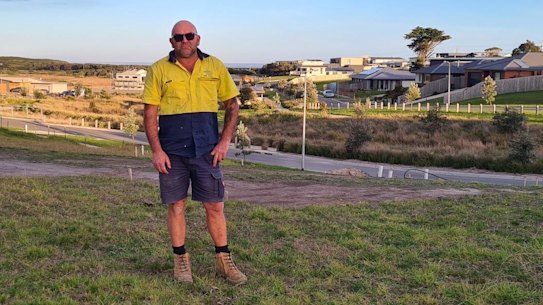Wally Burns, 50, at his vacant block in Kilcunda which he is now selling due to the collapse of homebuilders Langford Jones Homes.