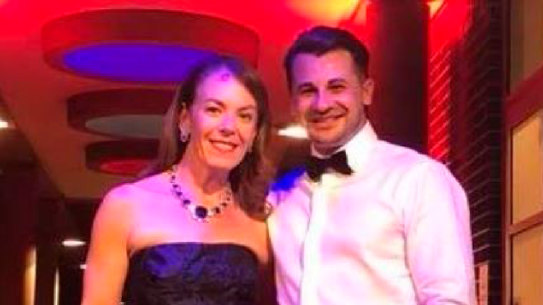 Melissa Caddick, pictured here with Anthony Koletti, wearing a Canturi diamond and sapphire necklace which is set to feature in the sale of her jewellery.