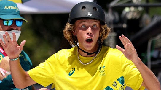 Keegan Palmer reacts after winning gold in the men’s skateboarding finals in Tokyo.