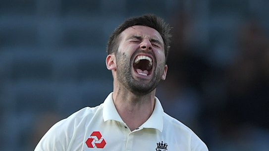 Mark Wood celebrates after dismissing Anrich Nortje.