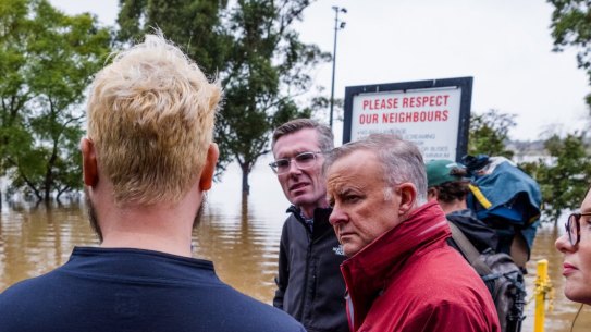 Prime Minister Anthony Albanese with NSW Premier Dominic Perrottet in Richmond, which has been severely affected by flooding in the past week.