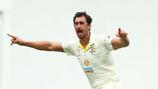 Mitchell Starc celebrates striking with the very first ball of the Ashes two summers ago.