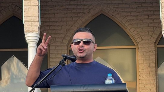 American law professor Khaled Beydoun at a rally outside Lakemba Mosque. 