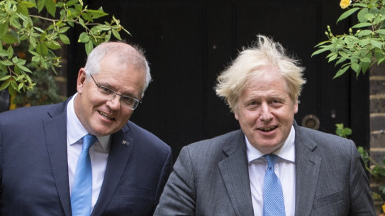 Prime Minister Scott Morrison and British Prime Minister Boris Johnson in the garden of 10 Downing Street in June.