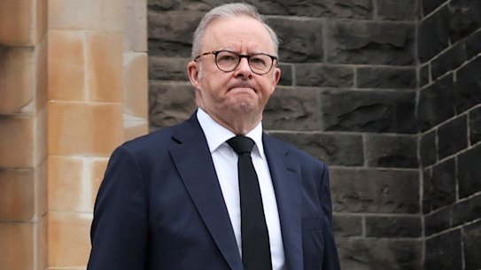 Anthony Albanese departs St Patrick’s Cathedral in Melbourne after Pope Francis’s death in April.