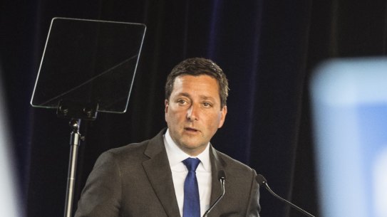 Matthew Guy addressing Liberal members at the party’s campaign launch last year. The former leader has called on party president Greg Mirabella to resign. 