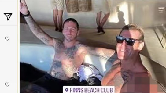 An Instagram post appeared to show Zachary Rolfe (left) and Ben Roberts-Smith at a Bali beach club, with a comment attributed to Rolfe reading: “Just a couple of cops/murderers and war criminals Havin a lovely afternoon in the sun”.