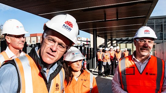 Premier Chris Minns tours the new metro train platforms at Bankstown station on Monday.