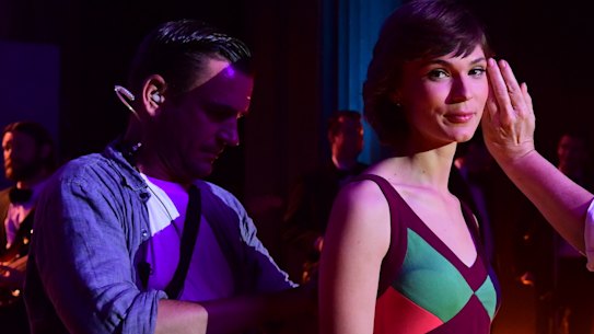 Tilda Cobham-Hervey as Helen Reddy on the set of I Am Woman with Dan Owen (standby costumes) and Wendy de Waal (key makeup and hair).