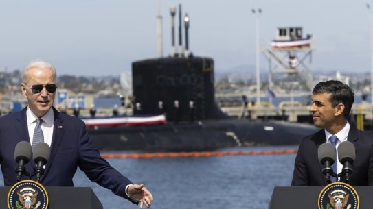 Anthony Albanese, Joe Biden and Rishi Sunak at the AUKUS announcement in San Diego in March.