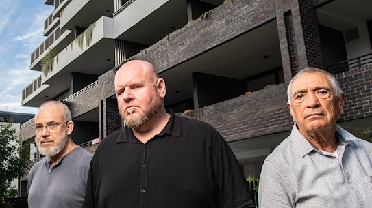 Adam Denyer, Peter Bishenden, and Sebastian Mignacca outside their apartment building in Sutherland.