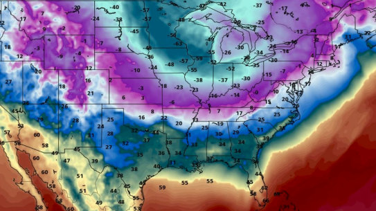 The polar vortex dips down into the US.