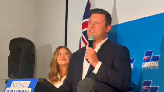 Liberal candidate Nathan Conroy concedes defeat on Saturday night.