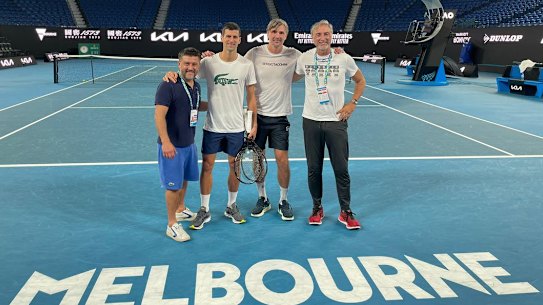 Novak Djokovic at Rod Laver Arena on Monday night with his team, including coach Goran Ivanisevic to Djokovic’s right.
