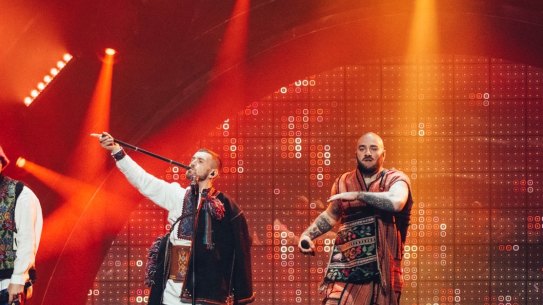 Ukraine’s Kalush Orchestra perform at the Eurovision Song Contest final in Turin, Italy.